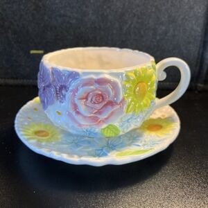 VTG 60's Relpo 6455‎ Embossed Spring Flower Large Ceramic Teacup /Saucer Planter